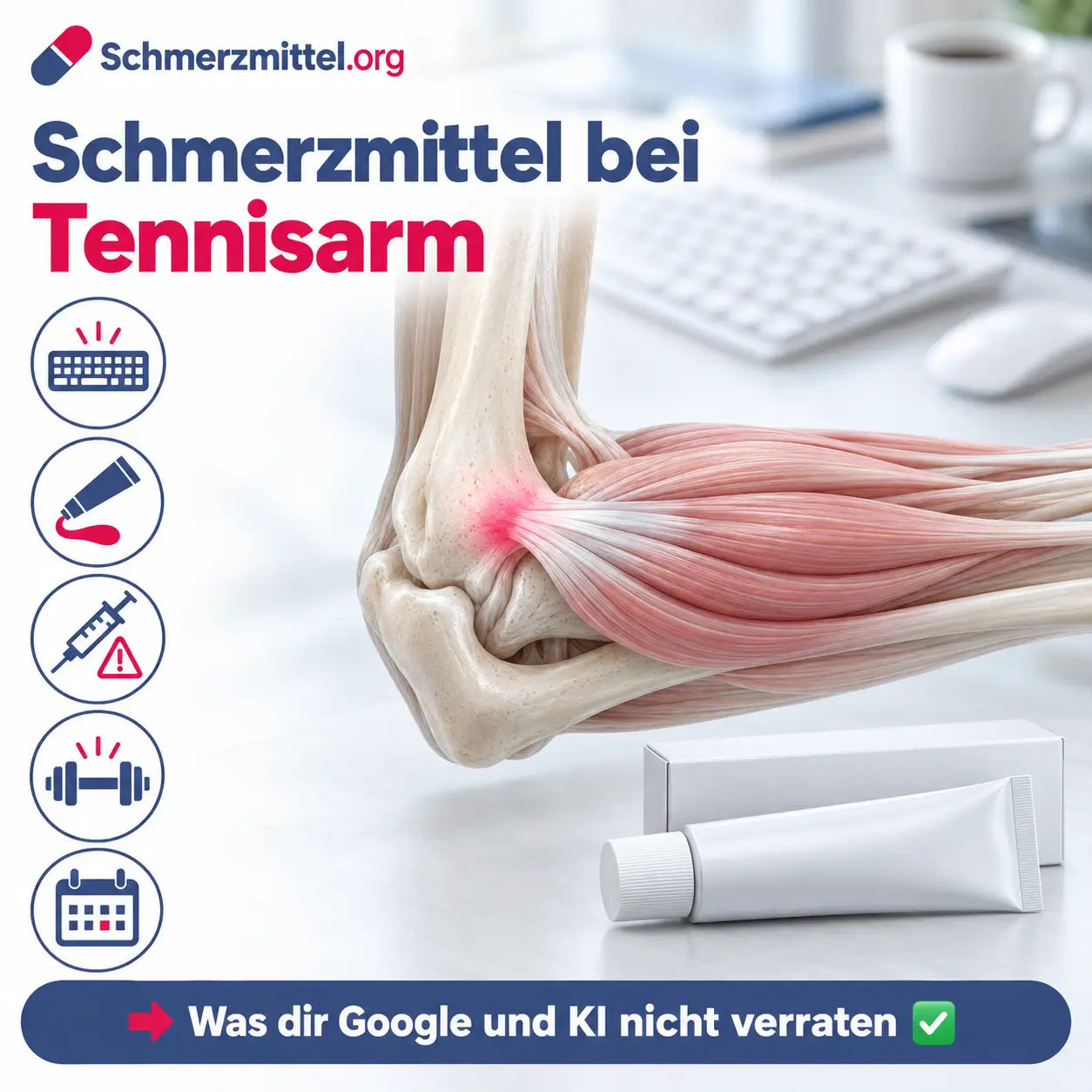 Schmerzmittel bei Tennisarm, 3D-Modell eines Ellenbogens mit rot leuchtendem Sehnenansatz der Streckmuskeln vor einem Schreibtisch, davor eine Medikamentenpackung, Icons zu Tastatur, Schmerzgel, Kortisonspritze, Kraftübungen und Heilungsdauer