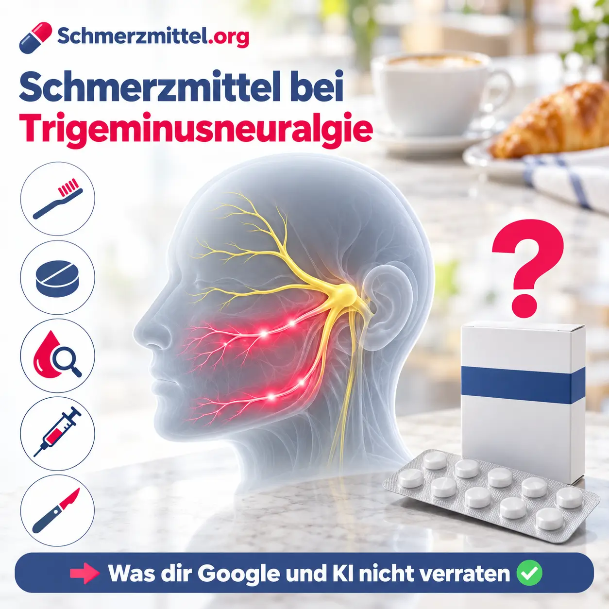 Schmerzmittel bei Trigeminusneuralgie, 3D-Modell eines Kopfes mit Trigeminusnerv, dessen Äste zu Wange und Unterkiefer rot leuchten, vor einem Cafétisch, davor eine neutrale Medikamentenpackung mit pinkem Fragezeichen