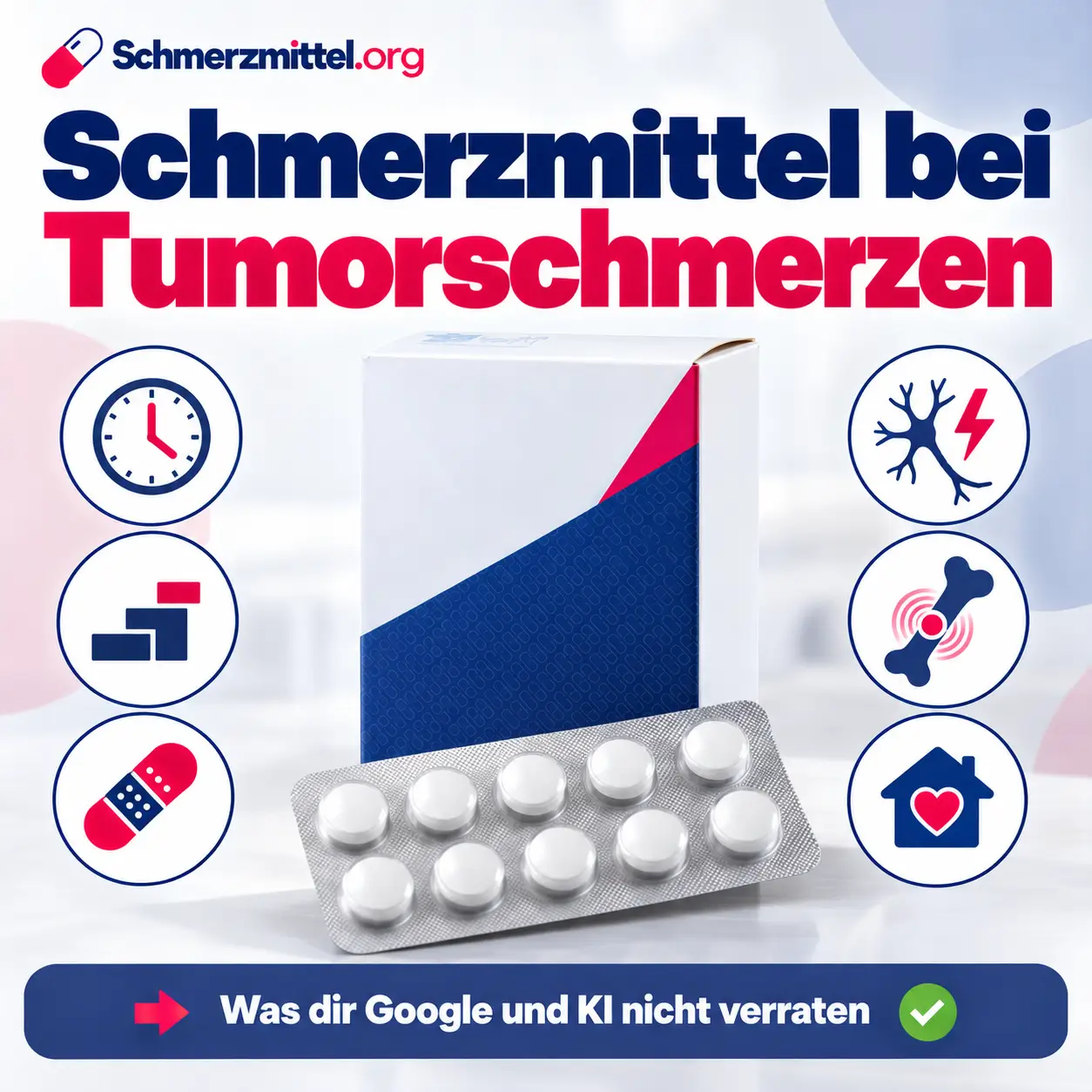 Schmerzmittel bei Tumorschmerzen, Medikamentenpackung mit Blister auf hellem Hintergrund, umgeben von Icons zu festem Zeitplan, Stufenschema, Schmerzpflaster, Nervenschmerz, Knochenschmerz und Palliativversorgung zu Hause