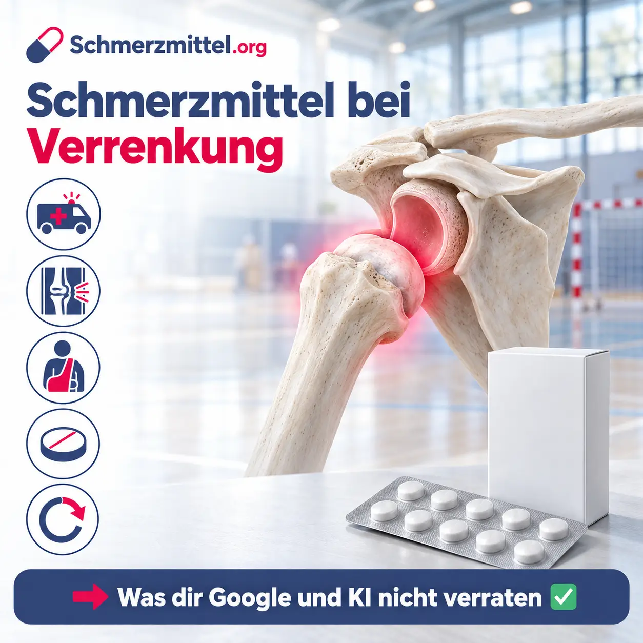 Schmerzmittel bei Verrenkung, 3D-Modell eines Schultergelenks mit ausgekugeltem Oberarmkopf und rot leuchtender Gelenkpfanne vor einer Sporthalle, davor eine Medikamentenpackung, Icons zu Notaufnahme, Röntgen, Armschlinge, Schmerzmittel und Rückfallrisiko