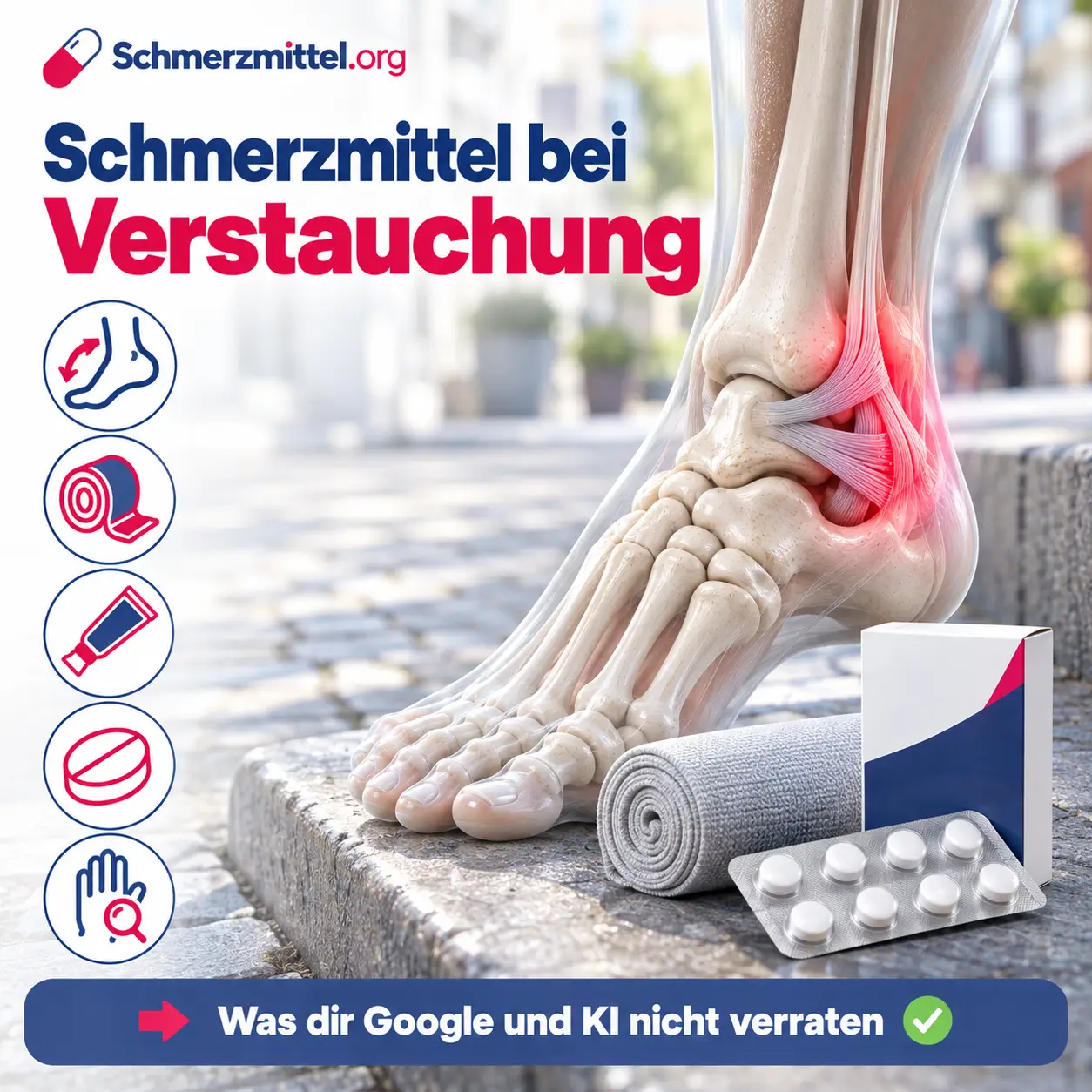 Schmerzmittel bei Verstauchung, 3D-Modell eines umgeknickten Fußes mit gedehnten, rot leuchtenden Außenbändern an einer Bordsteinkante, davor Medikamentenpackung und elastische Binde, Icons zu Umknicken, Kompression, Schmerzgel, Tabletten und Handgelenk