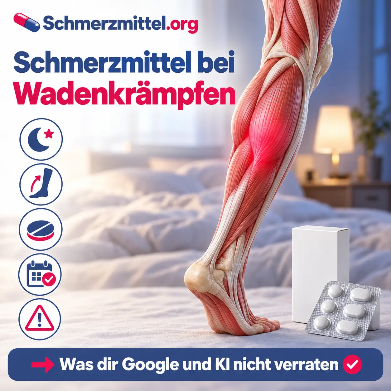 Schmerzmittel bei Wadenkrämpfen, anatomisches Modell des Unterschenkels mit angespanntem, rot leuchtendem Wadenmuskel vor einem abendlichen Schlafzimmer, davor eine Medikamentenpackung, Icons zu Nacht, Dehnen, Tablette, Häufigkeit und Warnzeichen