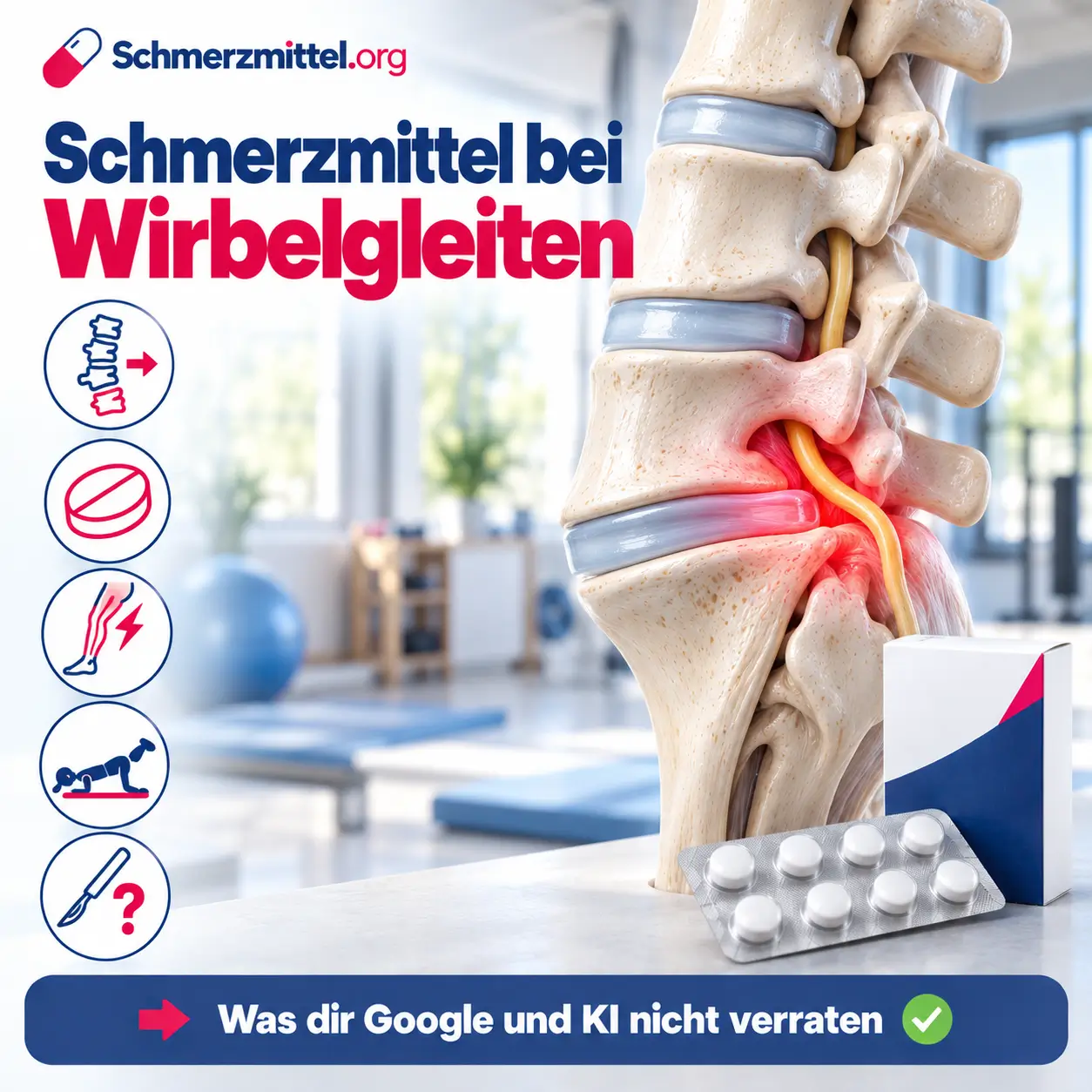Schmerzmittel bei Wirbelgleiten, 3D-Modell der Lendenwirbelsäule von der Seite mit nach vorne verschobenem fünftem Lendenwirbel und rot leuchtendem Übergang zum Kreuzbein, davor eine Medikamentenpackung, Icons zu Wirbelgleiten, Tabletten, Nervenschmerz, Rumpftraining und OP-Frage