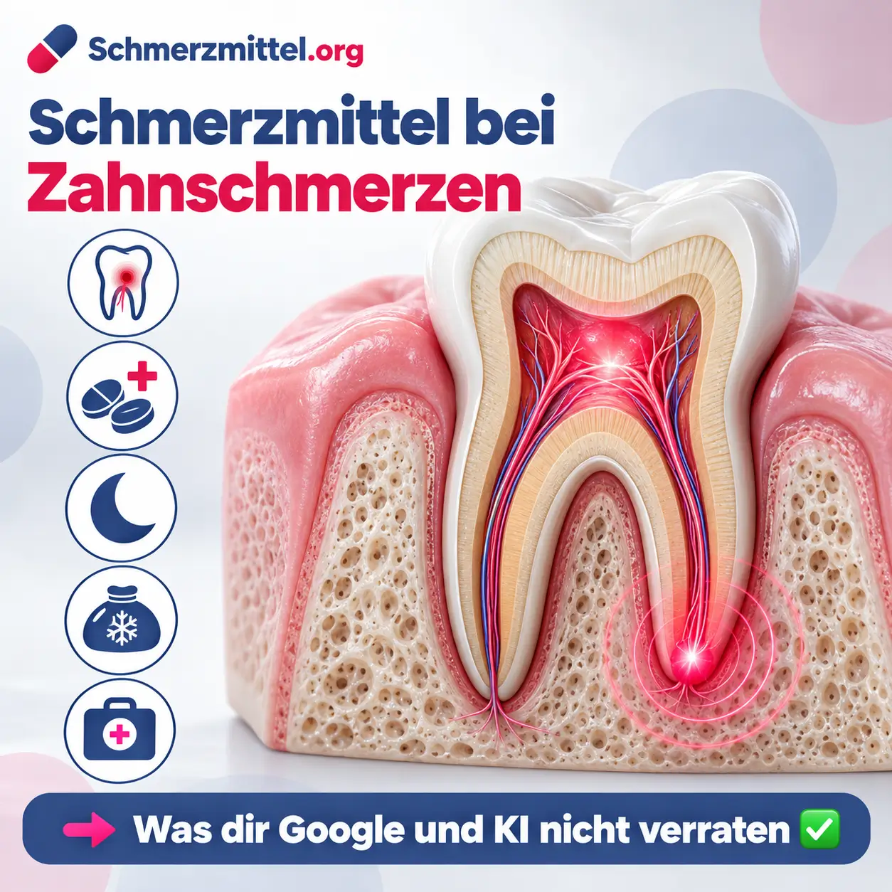 Schmerzmittel bei Zahnschmerzen, 3D-Modell eines Backenzahns im Längsschnitt mit rot leuchtend entzündetem Zahnnerv und Wurzelspitze im Kieferknochen, daneben Medikamentenpackung, Icons zu Zahnnerv, Kombination, Nacht, Kühlen und Notdienst