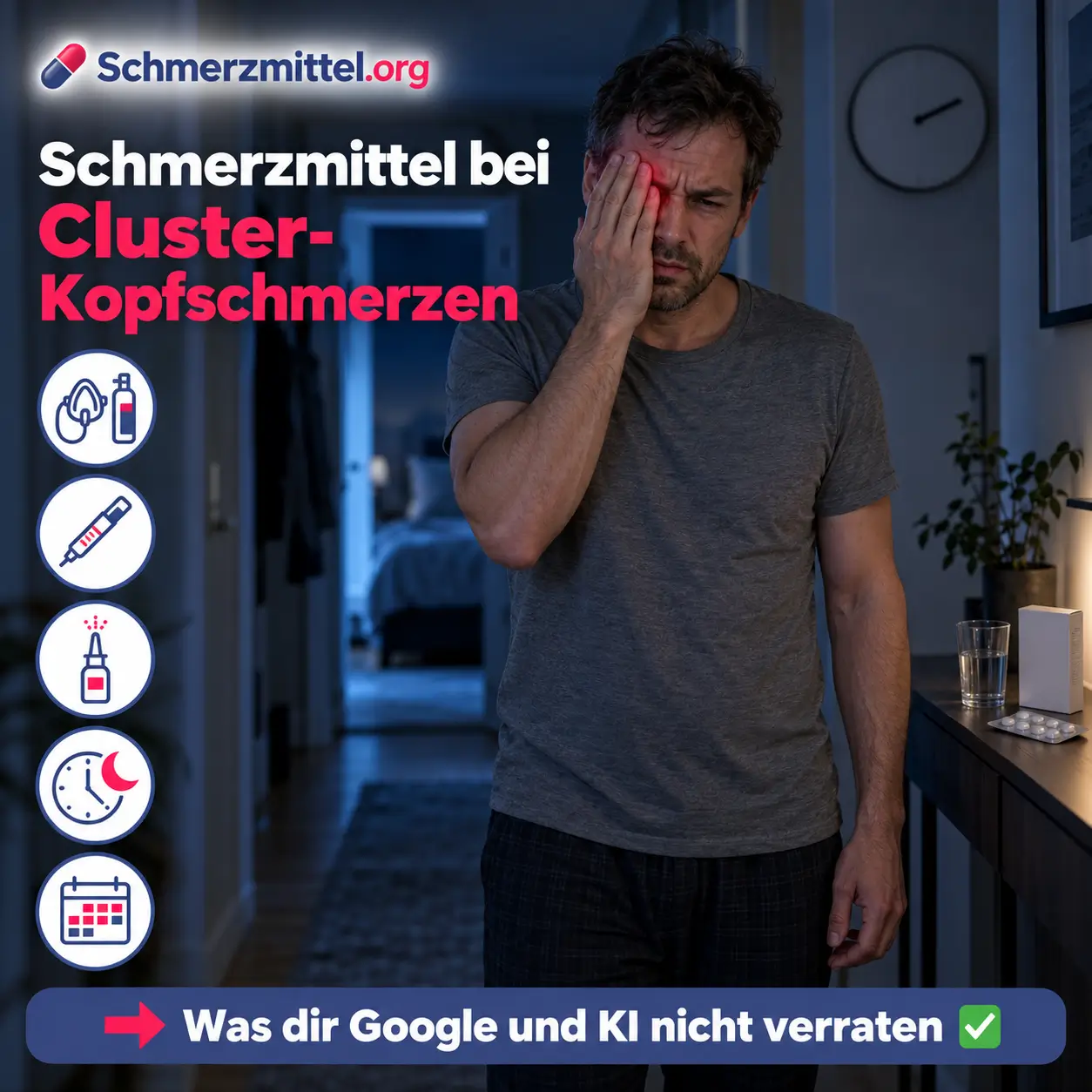 Schmerzmittel bei Cluster-Kopfschmerzen, Mann steht nachts unruhig im Flur und drückt eine Hand auf das schmerzende Auge, auf der Kommode Wasserglas und Medikamentenpackung, Icons zu Sauerstoff, Sumatriptan-Pen, Nasenspray, nächtlichen Attacken und Clusterphase