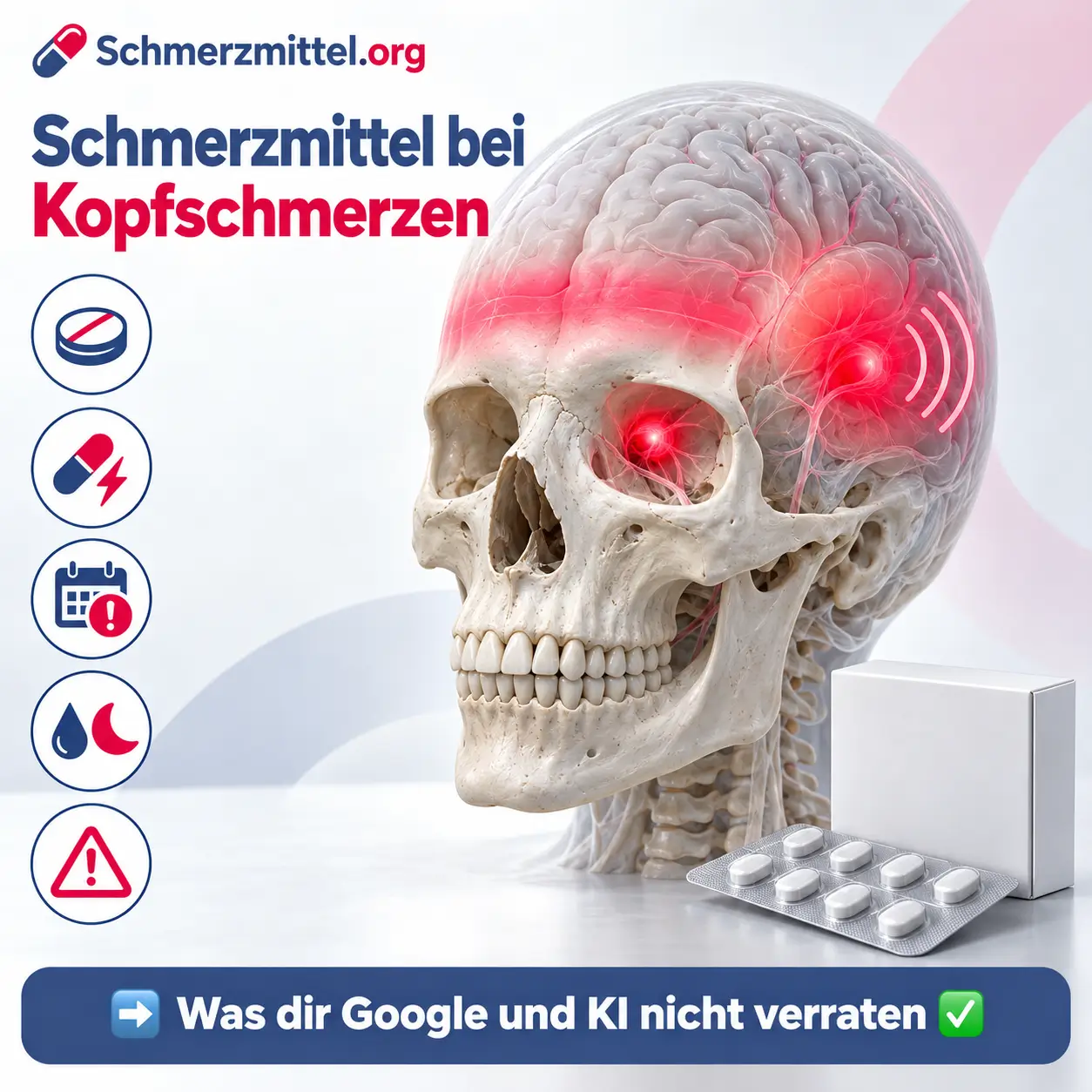 Schmerzmittel bei Kopfschmerzen, anatomischer Schädel mit markierten Schmerzzonen für Spannungskopfschmerz, Migräne und Cluster-Kopfschmerz, daneben eine Medikamentenpackung und Icons zu Tablette, Migräne-Mittel, Einnahmetagen, Trinken und Warnzeichen