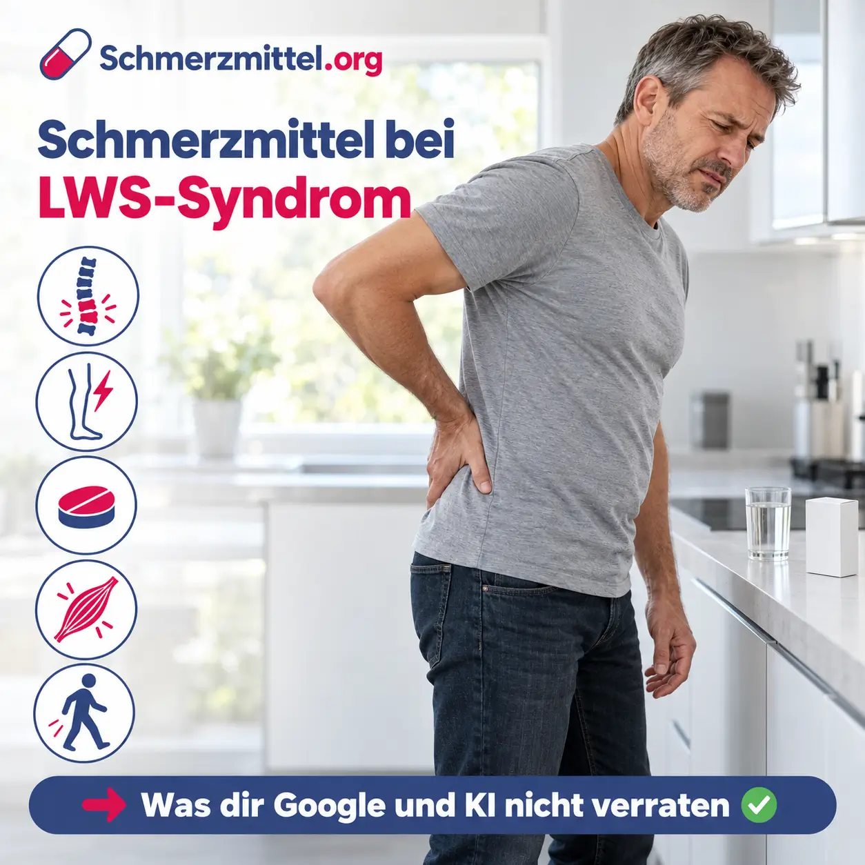 Schmerzmittel bei LWS-Syndrom, Mann steht morgens leicht gebeugt in der Küche und hält sich den unteren Rücken, daneben Wasserglas und Medikamentenpackung, Icons zu Lendenwirbelsäule, Ischias, Tablette, Muskelentspanner und Bewegung