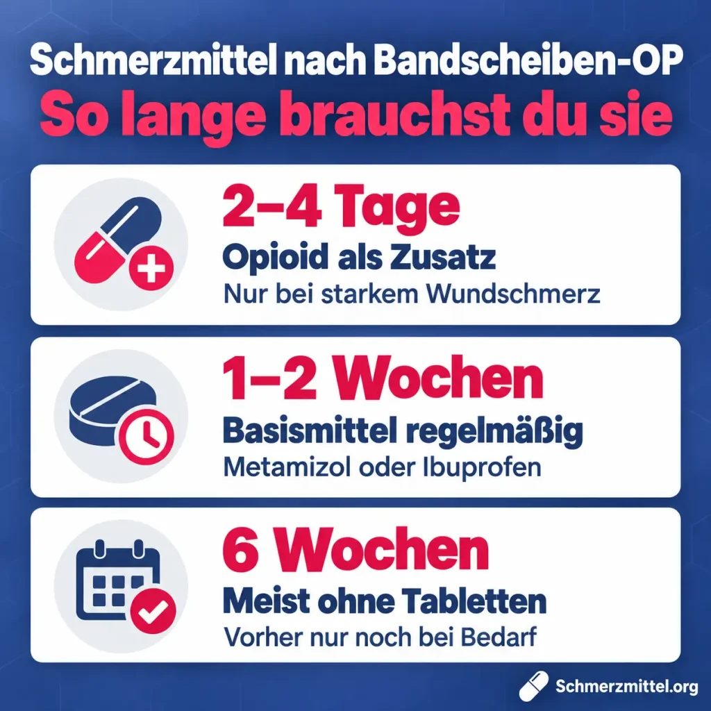 Schmerzmittel nach Bandscheiben-OP, Infografik mit drei Karten zur Dauer von Opioid, Basismittel und Bedarfseinnahme