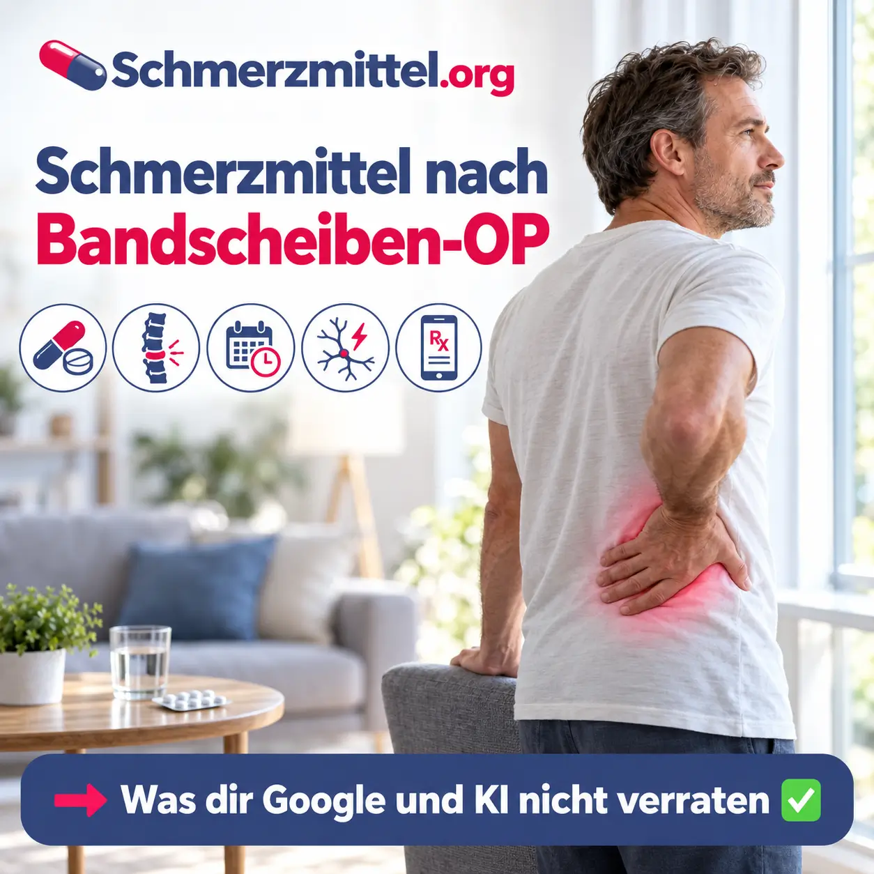 Schmerzmittel nach Bandscheiben-OP, Mann steht am Fenster und hält sich den unteren Rücken, daneben Icons zu Tabletten, Wirbelsäule und Dauer