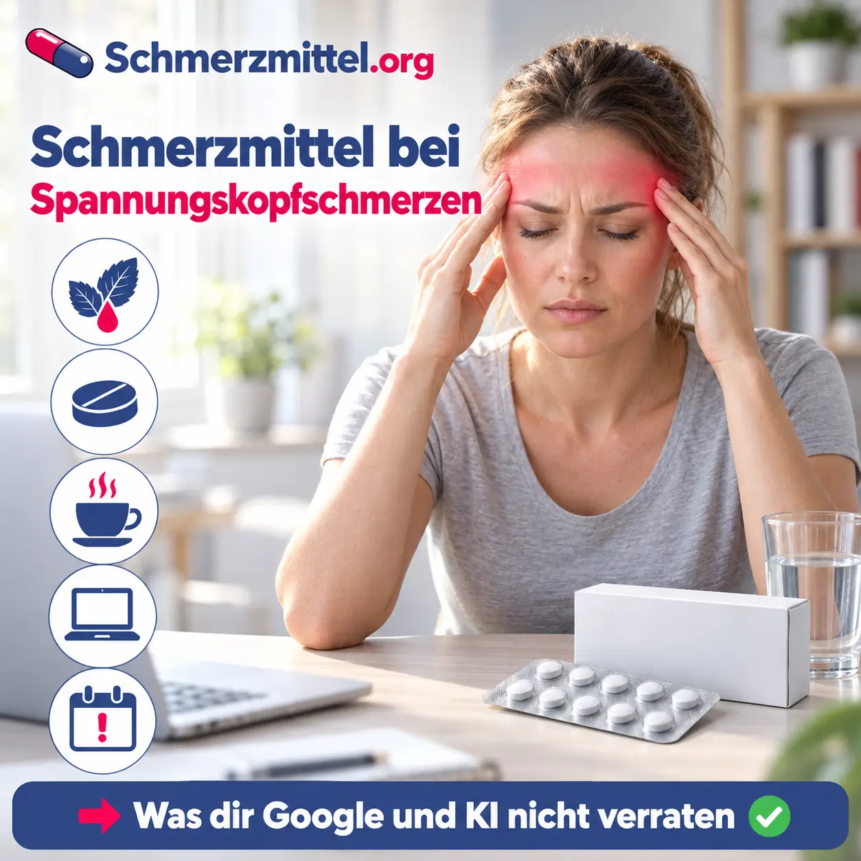 Schmerzmittel bei Spannungskopfschmerzen, Frau im Homeoffice drückt mit beiden Händen auf die Schläfen, auf dem Schreibtisch Wasserglas und Medikamentenpackung, Icons zu Pfefferminzöl, Tablette, Koffein, Bildschirmarbeit und Kopfschmerztagen
