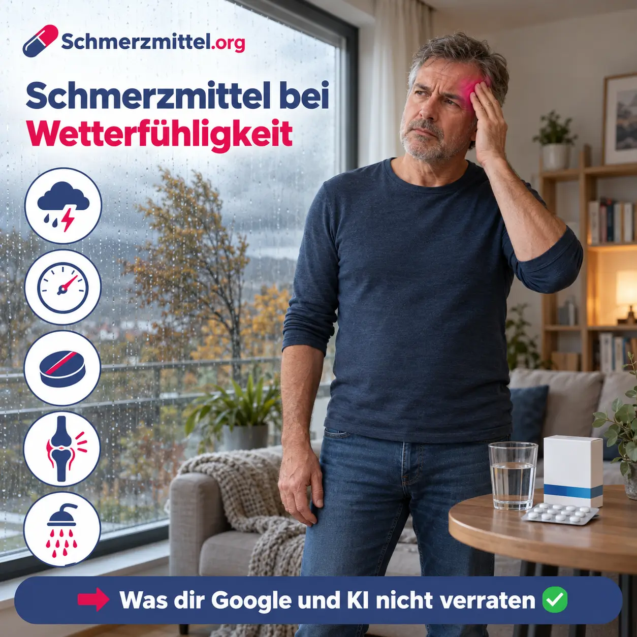 Schmerzmittel bei Wetterfühligkeit, Mann steht am verregneten Fenster und hält sich die schmerzende Schläfe, daneben Wasserglas und Medikamentenpackung, Icons zu Wetterumschwung, Luftdruck, Tablette, Gelenkschmerzen und Wechselduschen