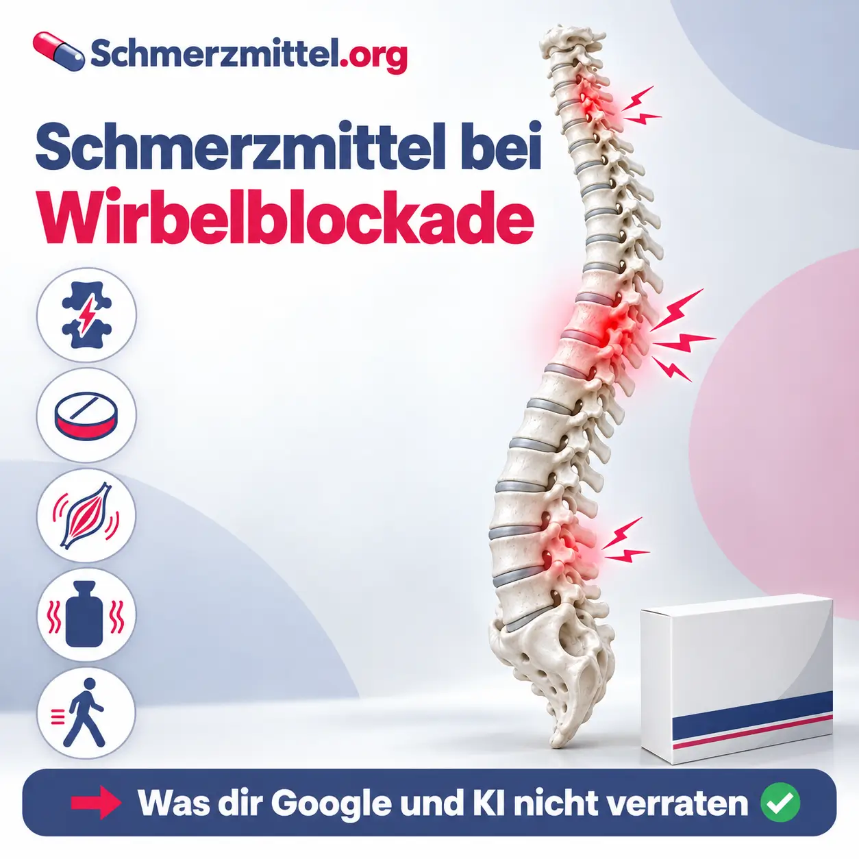Schmerzmittel bei Wirbelblockade, anatomische Wirbelsäule mit rot markierten Blockaden an Halswirbelsäule, Brustwirbelsäule und Lendenwirbelsäule, daneben eine Medikamentenpackung und Icons zu Blockade, Tablette, Muskelentspanner, Wärme und Bewegung