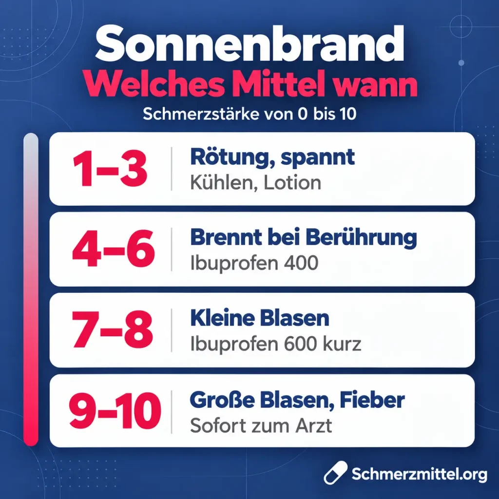 Sonnenbrand Schmerzmittel nach Schmerzstärke, 1 bis 3 kühlen und Lotion, 4 bis 6 Ibuprofen 400, 7 bis 8 bei kleinen Blasen Ibuprofen 600 kurz, 9 bis 10 bei großen Blasen und Fieber sofort zum Arzt
