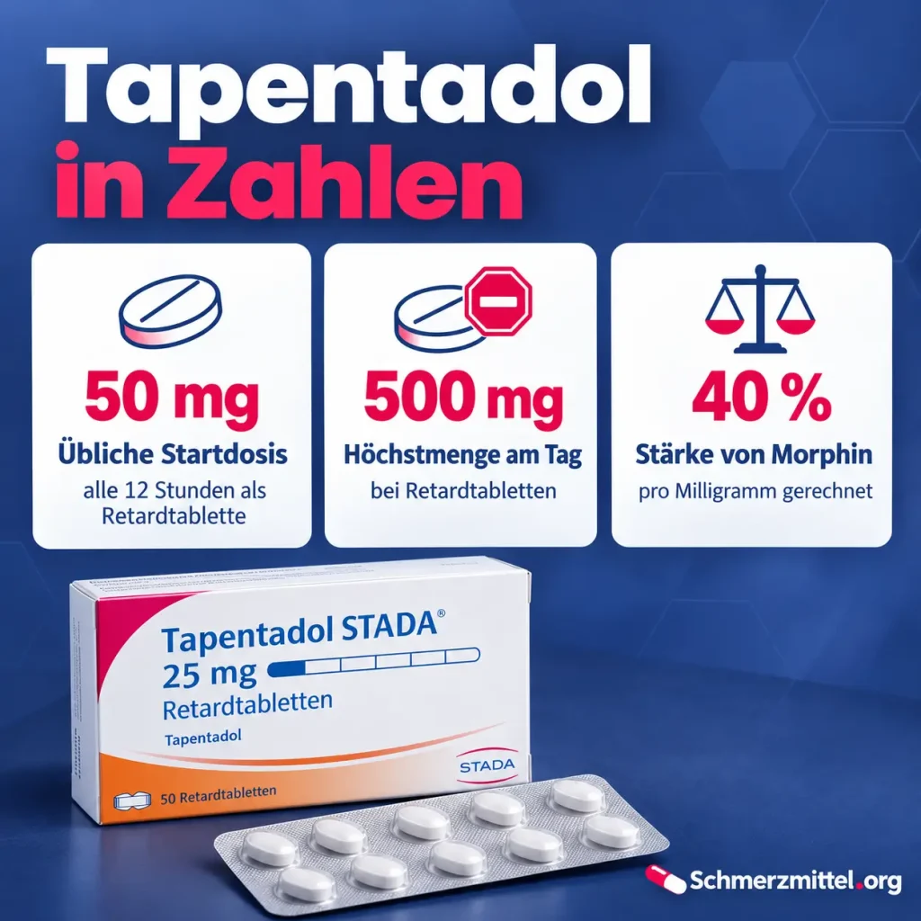 Tapentadol Dosierung als Infografik mit Startdosis 50 mg, Höchstmenge 500 mg am Tag, Stärke im Vergleich zu Morphin und Verpackung von Palexia retard