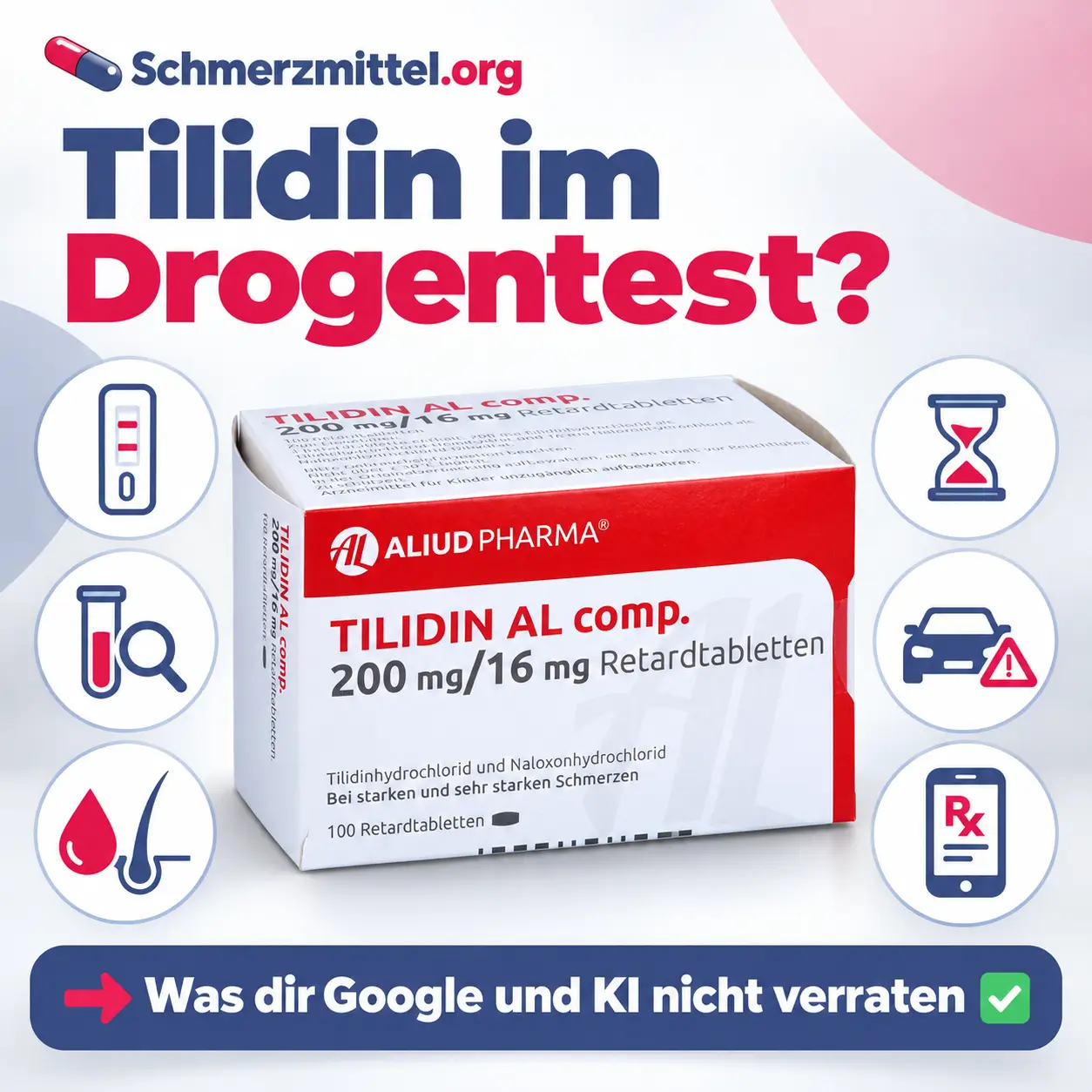 Tilidin Drogentest mit Tilidin Naloxon Packung und Icons zu Schnelltest, Labortest, Blut und Haaren, Nachweisdauer, Führerschein und MPU