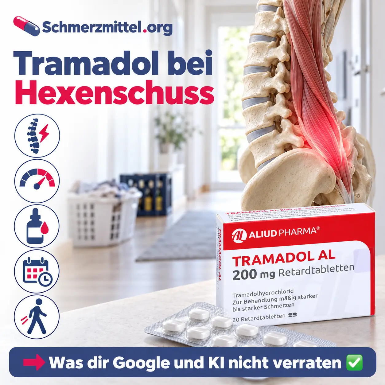 Tramadol bei Hexenschuss mit 3D-Modell der Lendenwirbelsäule, pink-rot markiertem verkrampftem Rückenstrecker vor einem Hausflur, Tramadol Packung und Icons für Hexenschuss, Schmerzskala, Tropfen, kurze Dauer und Bewegung