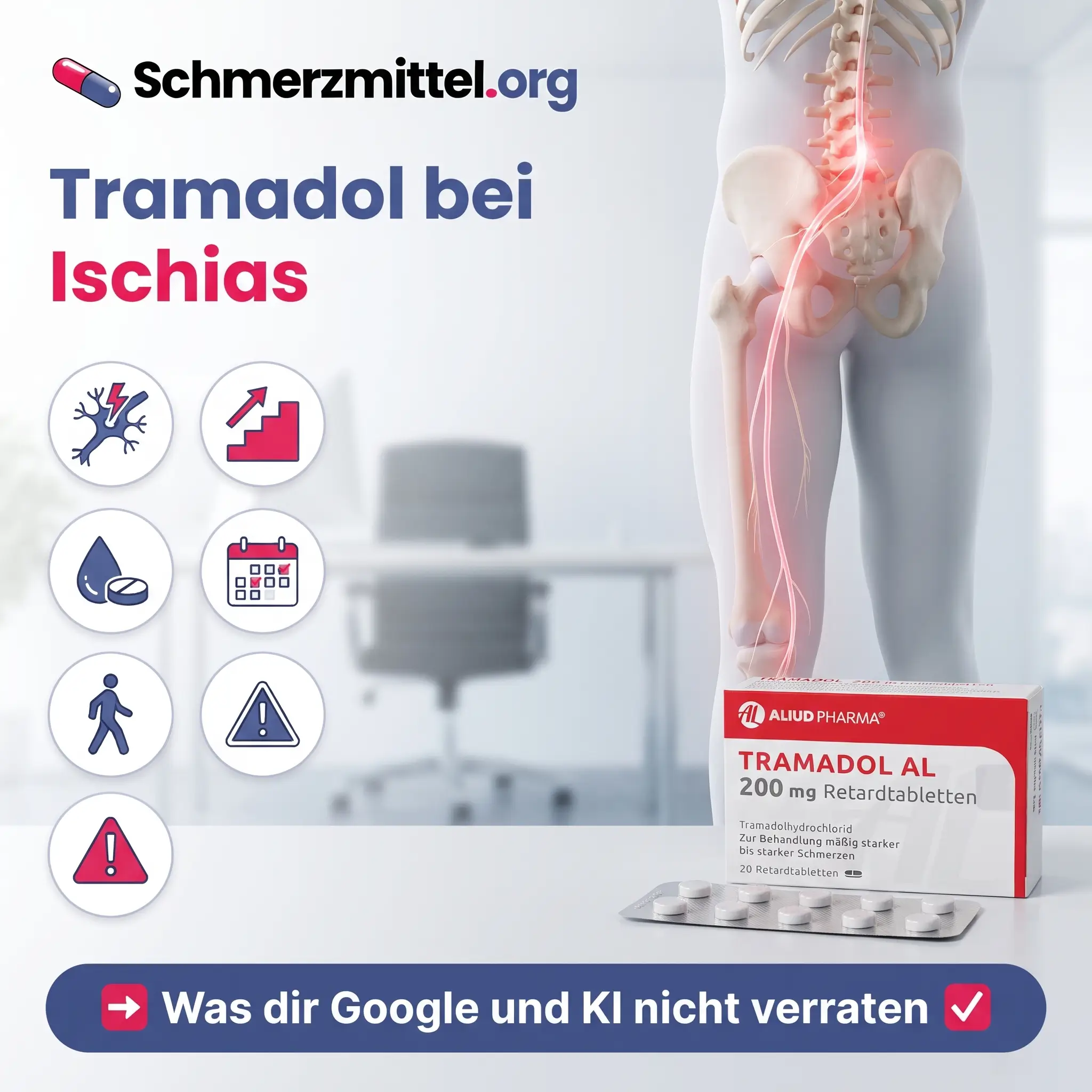 Tramadol bei Ischias mit 3D-Modell von Lendenwirbelsäule, Becken und Bein, rosa leuchtendem Ischiasnerv vor einem unscharfen Büro, Tramadol Packung sowie Icons für Nervenschmerz, Stufenschema, Tropfen und Tablette, kurze Einnahme, Bewegung und Warnzeichen
