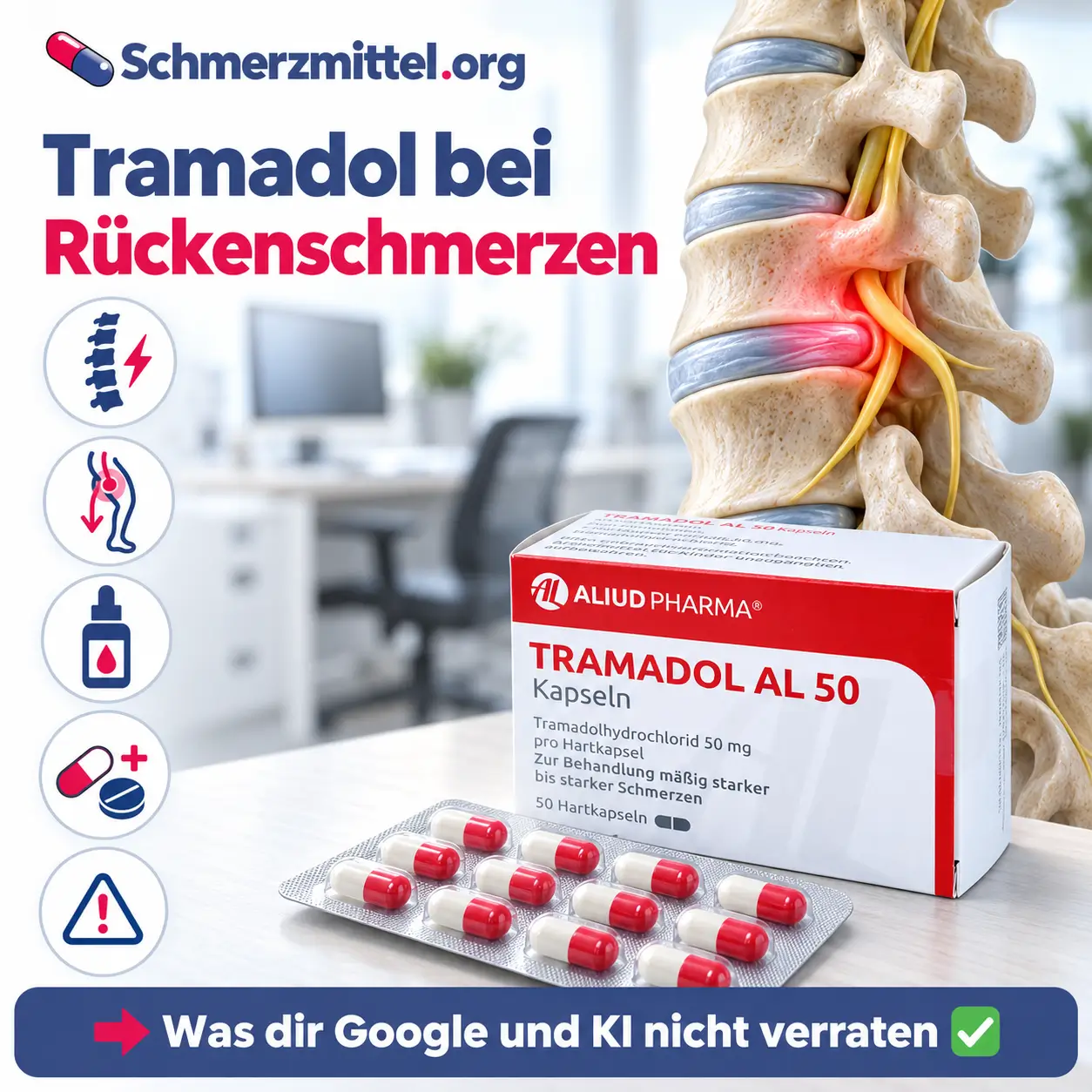 Tramadol bei Rückenschmerzen mit 3D-Modell der Lendenwirbelsäule, pink-rot markierter Bandscheibe und Nervenwurzel, Tramadol Packung und Icons für Rückenschmerz, Ischias, Tropfen, Kombination mit Paracetamol und Wechselwirkungen