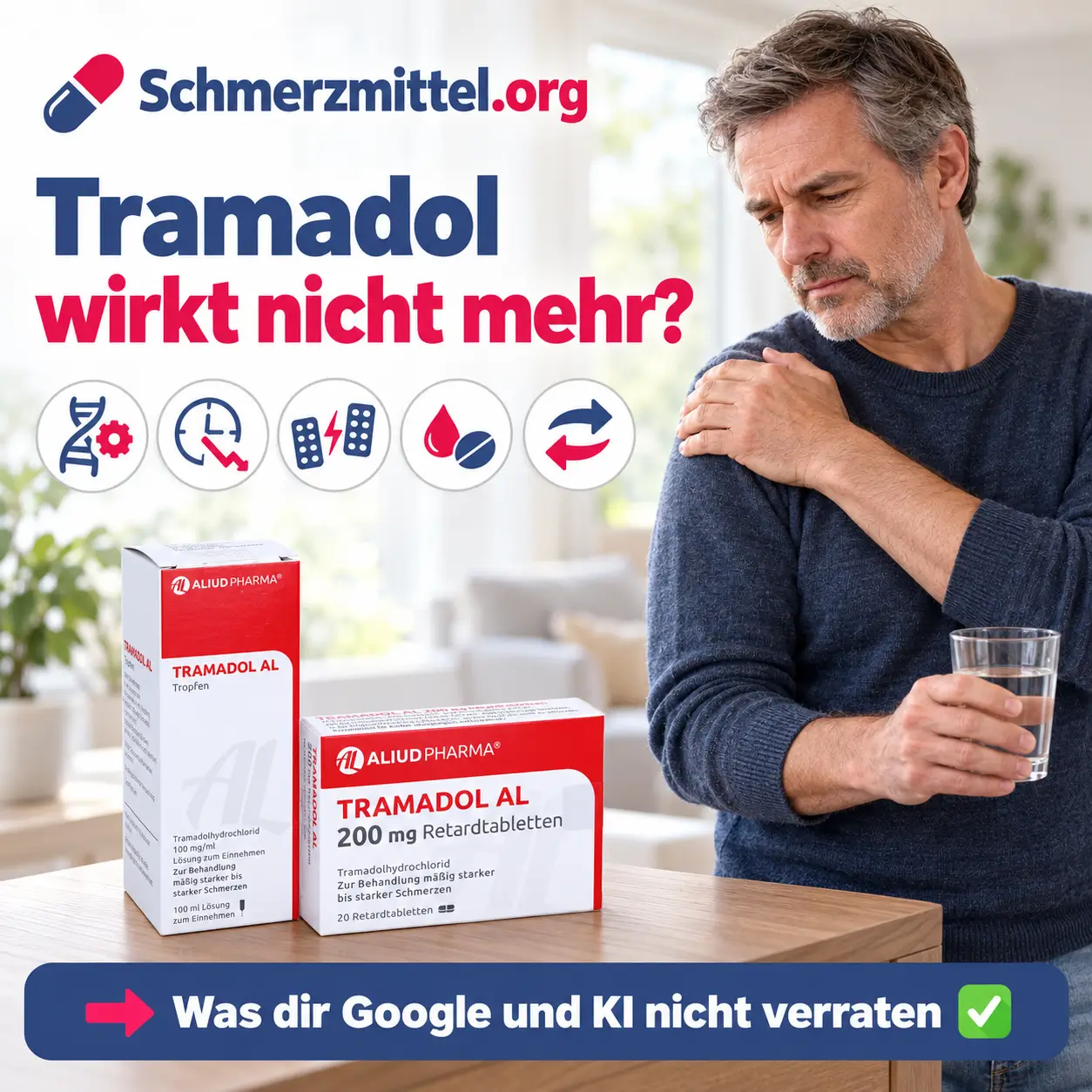 Tramadol wirkt nicht, Mann mit Schulterschmerzen steht im Wohnzimmer und blickt ratlos auf die Tramadol-Packung auf dem Sideboard