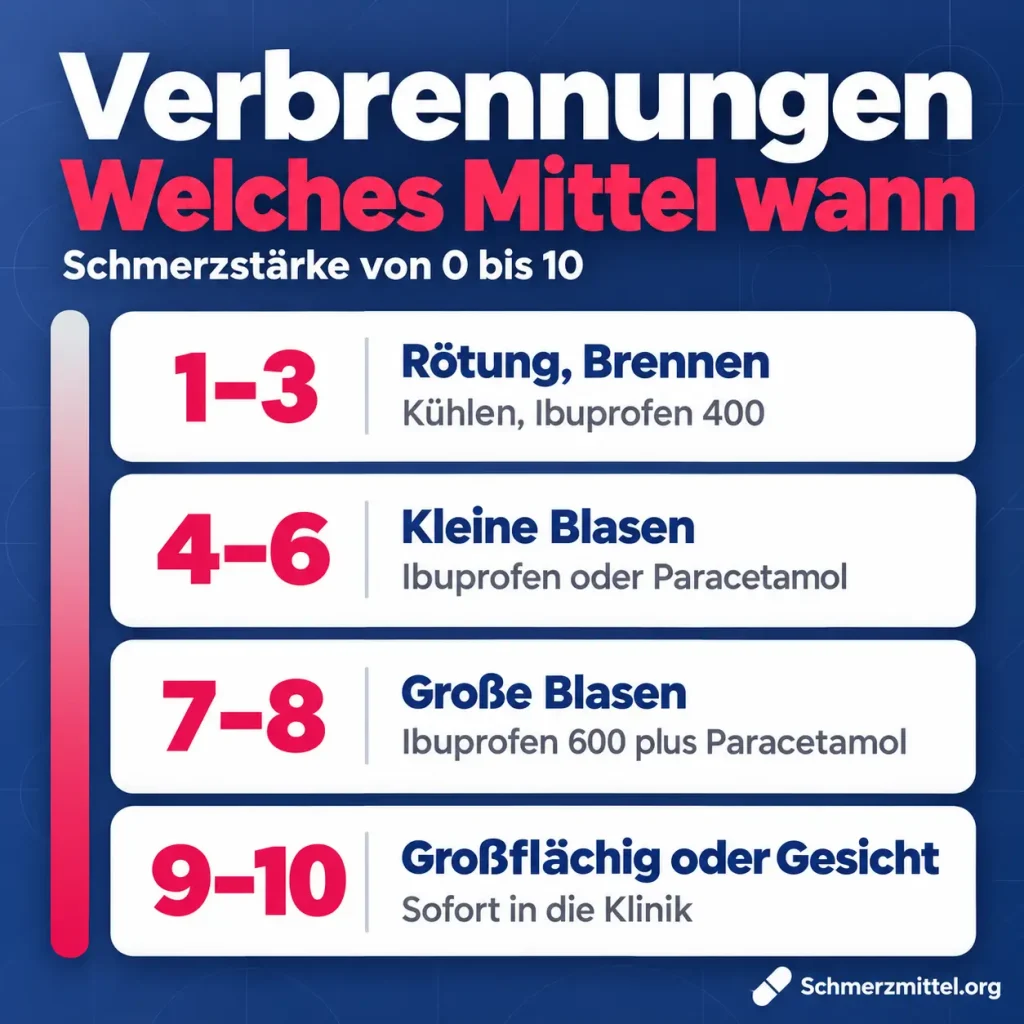 Verbrennungen Schmerzmittel nach Schmerzstärke, 1 bis 3 kühlen und Ibuprofen 400, 4 bis 6 Ibuprofen oder Paracetamol, 7 bis 8 Ibuprofen 600 plus Paracetamol, 9 bis 10 bei großflächiger Verbrennung oder im Gesicht sofort in die Klinik
