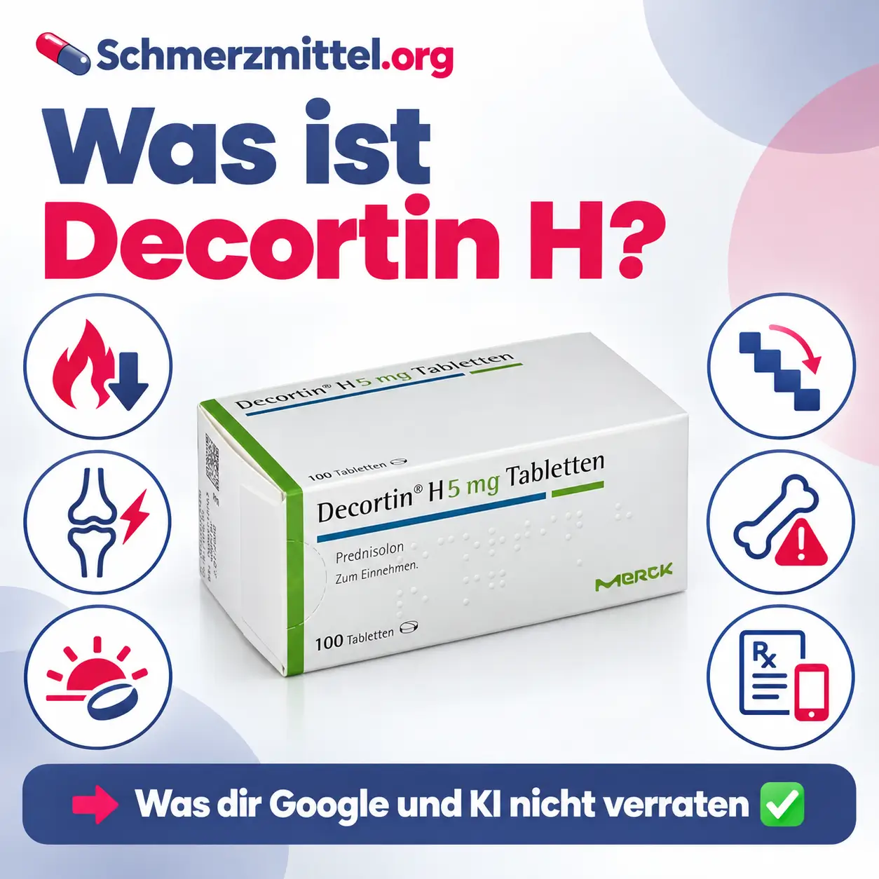 Was ist Decortin H mit Verpackung und Icons zu Entzündungshemmung, Rheuma und Gicht, Einnahme am Morgen, Ausschleichen, Langzeitrisiken und Online Rezept