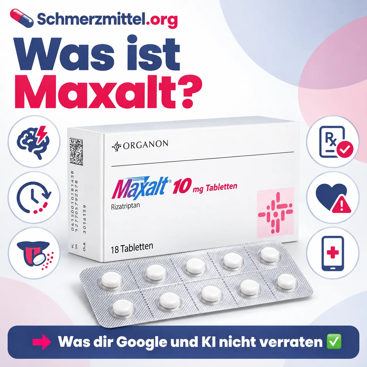 Was ist Maxalt mit Maxalt Verpackung und Icons zu Wirkung, Schmelztablette, Rezeptpflicht, Gegenanzeigen und Online Rezept