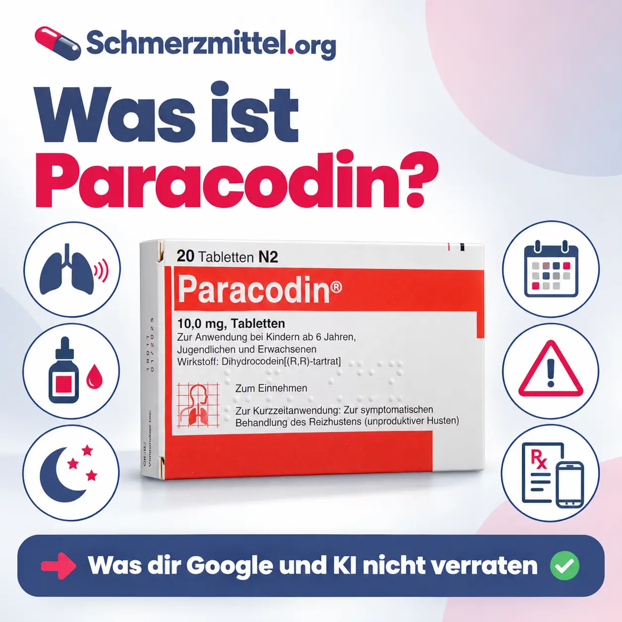 Was ist Paracodin mit Verpackung und Icons zu Reizhusten, Tropfen und Tabletten, Nachtruhe, kurzer Anwendung, Risiken und Online Rezept