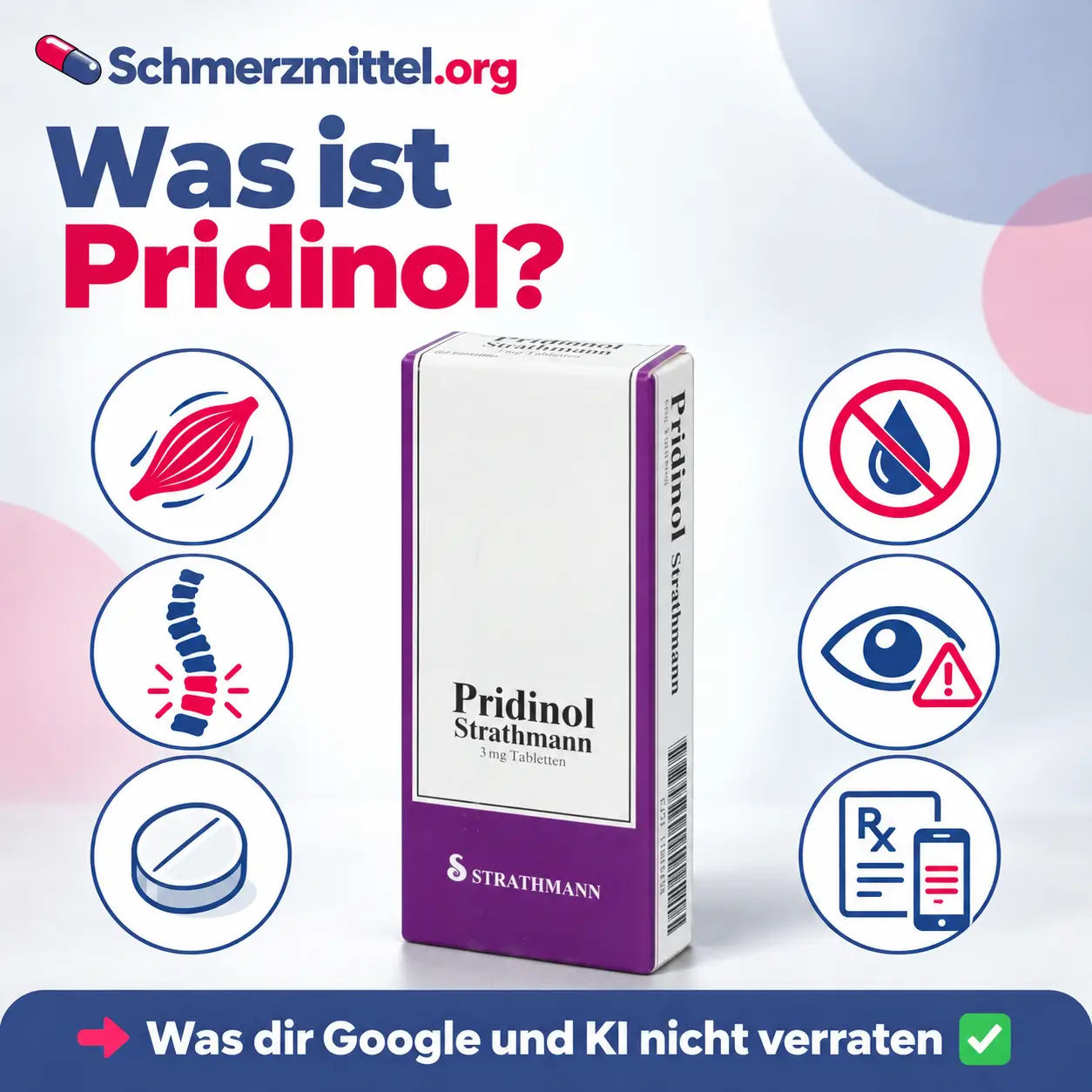 Was ist Pridinol mit Verpackung von Myditin 3 mg und Icons zu Muskelentspannung, Rücken und Nacken, teilbarer Tablette, Mundtrockenheit, Grünem Star und Online Rezept
