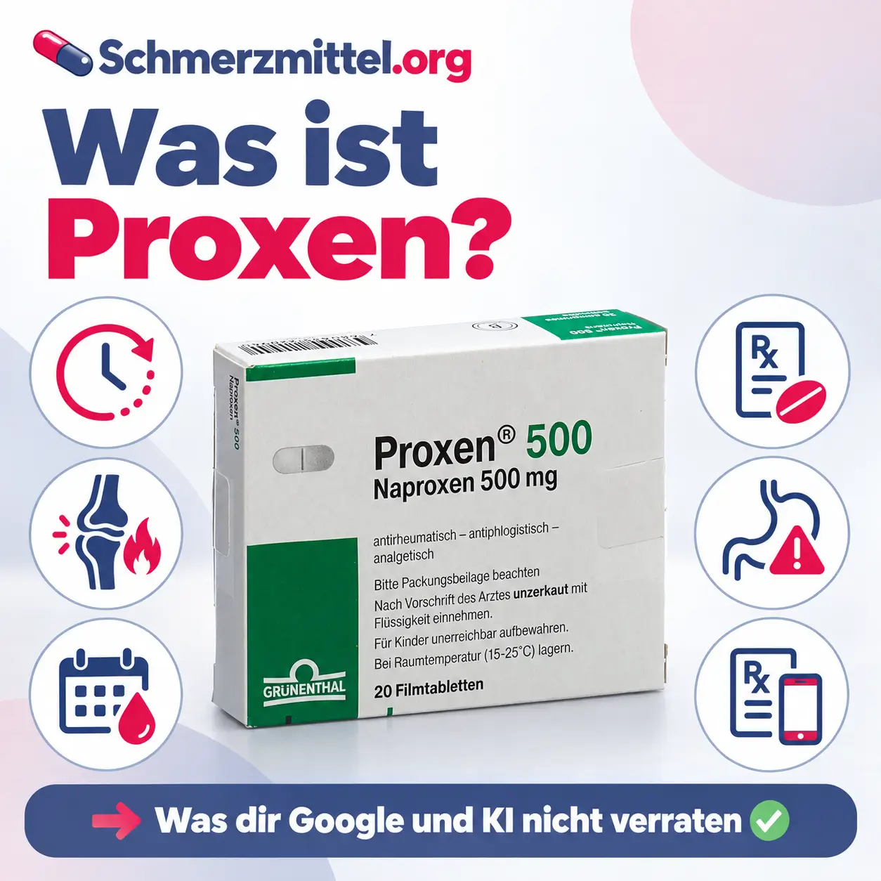 Was ist Proxen mit Verpackung und Icons zu langer Wirkdauer, Gelenkentzündung, Regelschmerzen, Rezeptpflicht, Magenrisiko und Online Rezept