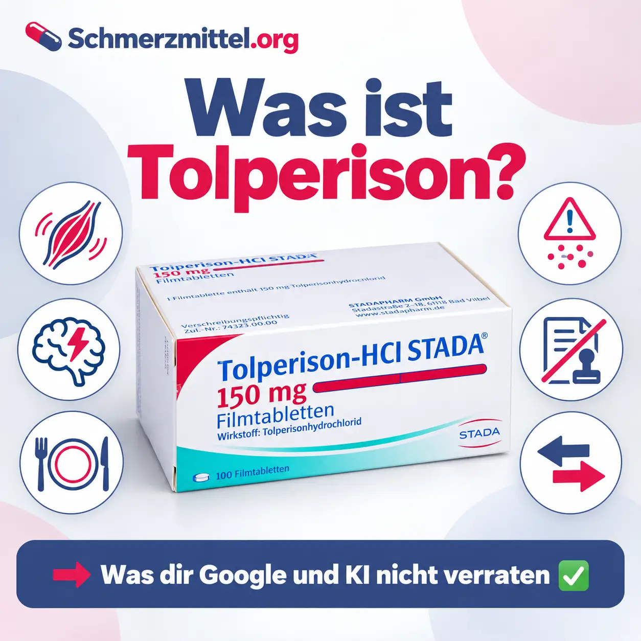 Was ist Tolperison mit Verpackung und Icons zu Muskelentspannung, Spastik nach Schlaganfall, Einnahme nach dem Essen, Überempfindlichkeit, eingeschränkter Zulassung und Alternativen