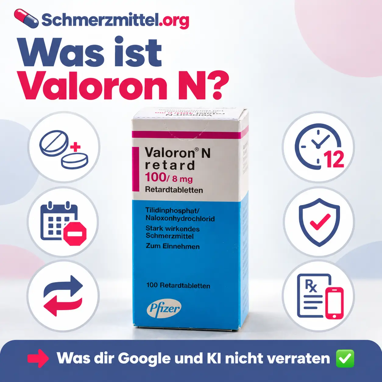 Was ist Valoron N mit Verpackung und Icons zu Tilidin und Naloxon, Vertriebsende, Generika als Nachfolger, Retardwirkung, Missbrauchsschutz und Online Rezept