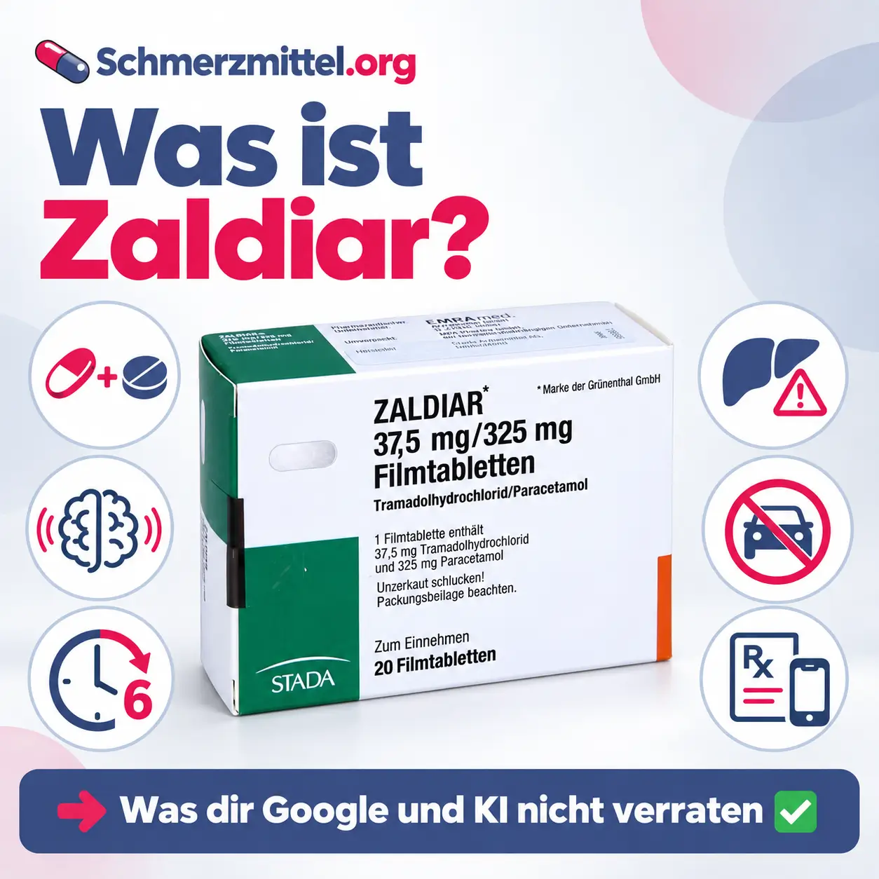 Was ist Zaldiar mit Verpackung und Icons zu zwei Wirkstoffen, Wirkung im Nervensystem, sechs Stunden Abstand, Leberrisiko, Fahrtüchtigkeit und Online Rezept