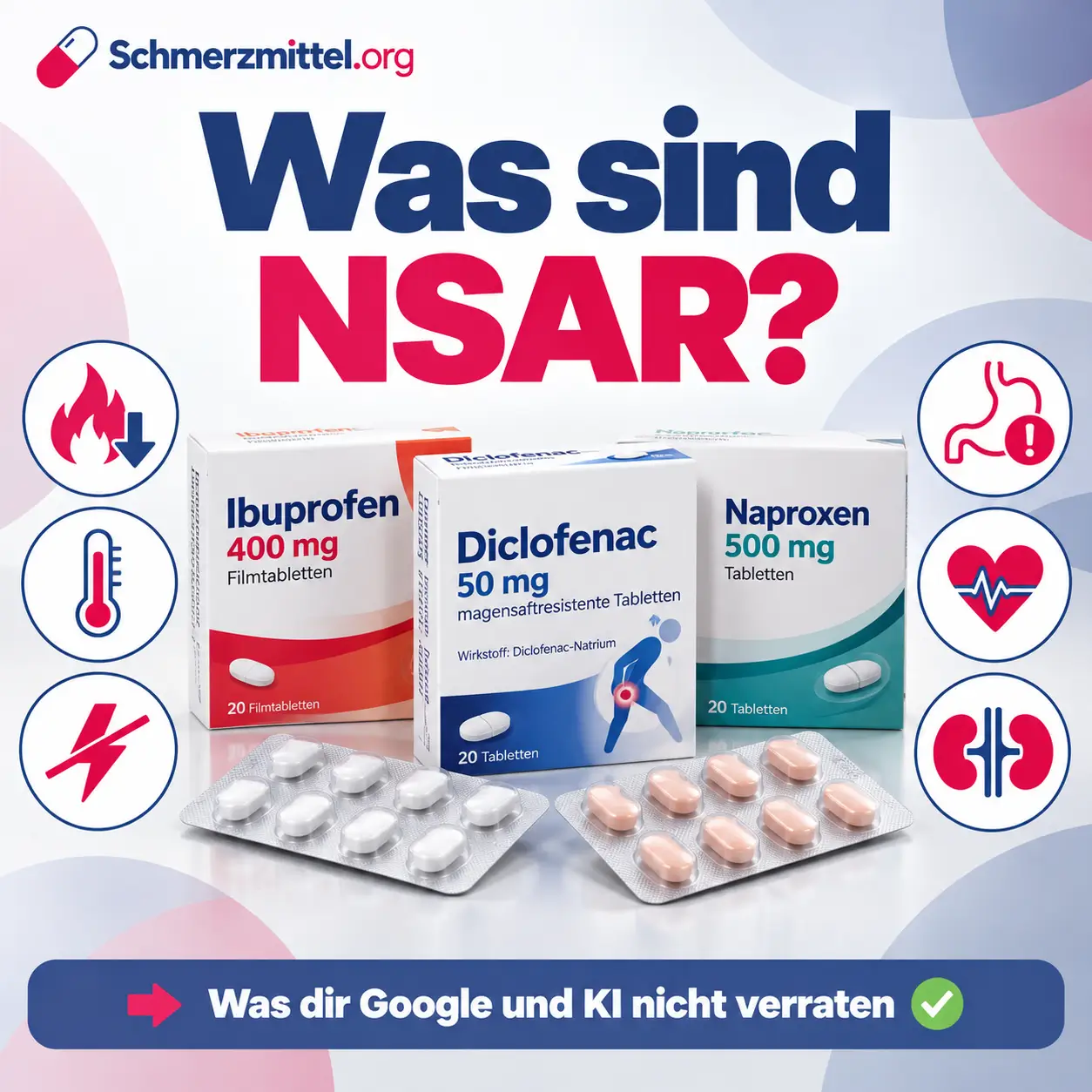 Was sind NSAR, Packungen von Ibuprofen, Diclofenac und Naproxen mit Blistern auf hellem Hintergrund, Icons zu Entzündung, Fieber, Schmerz, Magen, Herz und Niere